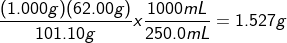 \fn_cm \frac{(1.000 g)(62.00 g)}{101.10 g}x\frac{1000 mL}{250.0 mL} = 1.527 g